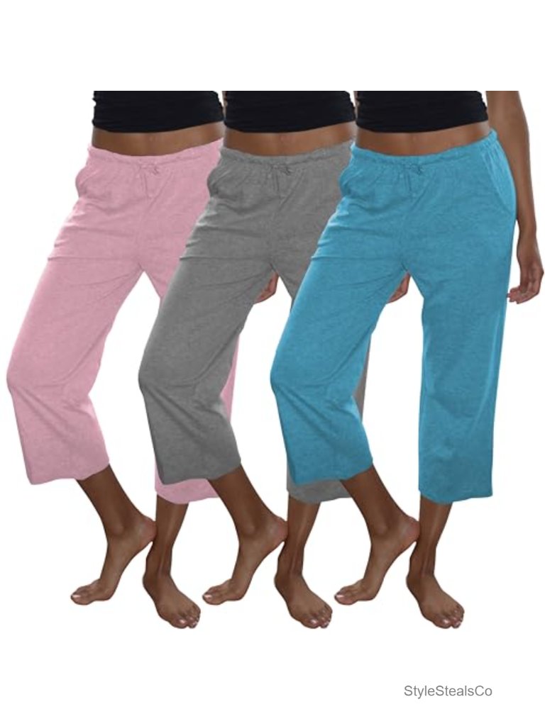 100% Cotton Capri Lounge Pants With Pockets, Drawstring, 3-Pack
